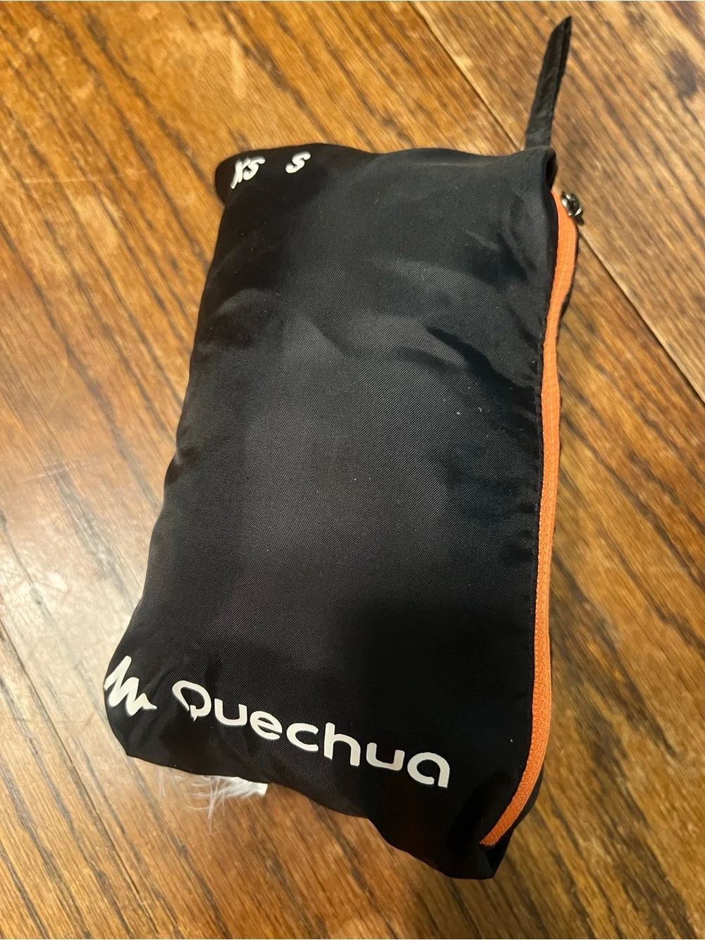 Quechua Packable Black Hooded Rain Anorak with Orange Drawcords